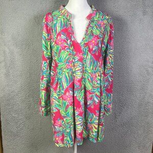 Lilly Pulitzer Sarasota Pintuck Tunic Womens XL Pink Green V Neck Beach Colorful